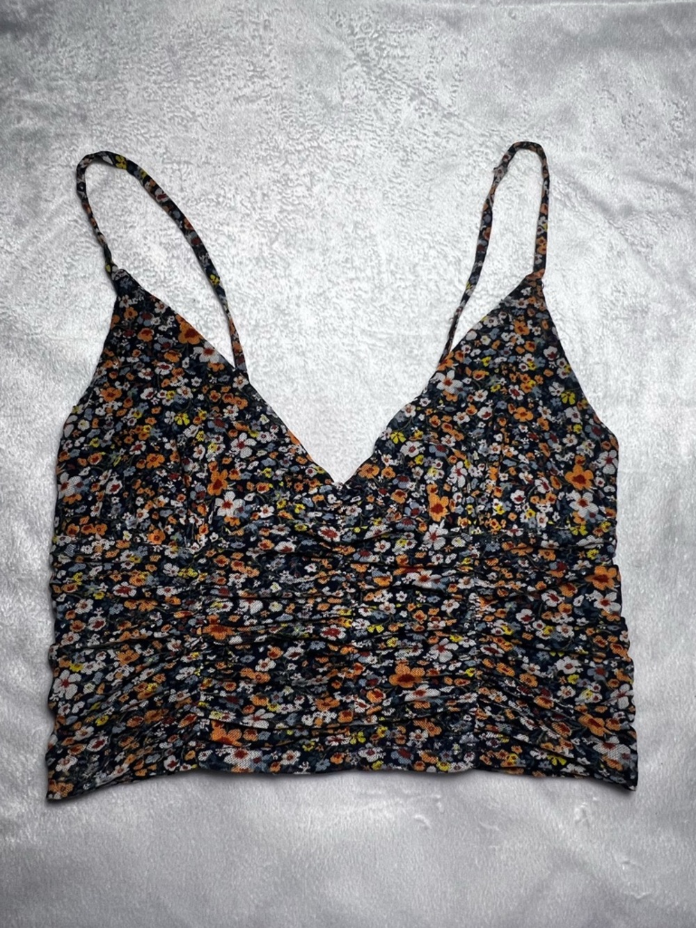 Urban Outfitters Navy, Orange, and White Floral V-Neck Cropped Cami